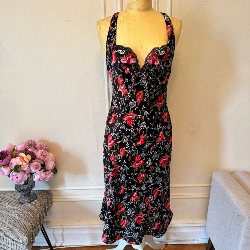 Vintage Josie Floral Black Red Slip with Shirley of Hollywood Lace Nightgown Set